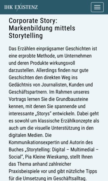 Corporate Story: Markenbildung mittels Storytelling - Vortrag auf der IHK Existenz